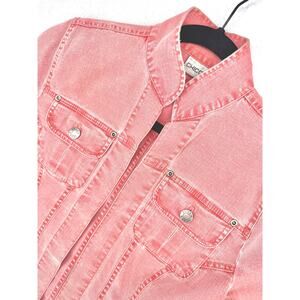 Chico's Red Coral Wash Stretch Open Front Jean Denim Trucker Jacket 0